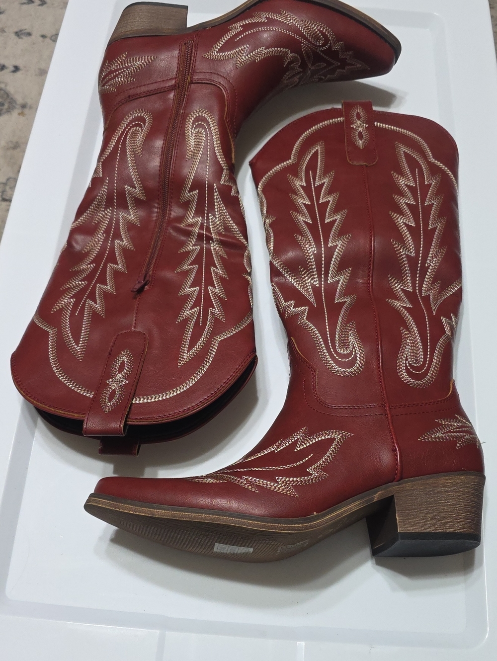 Fendi Red Leather Western Embroidered Mid-Calf Heeled Boots